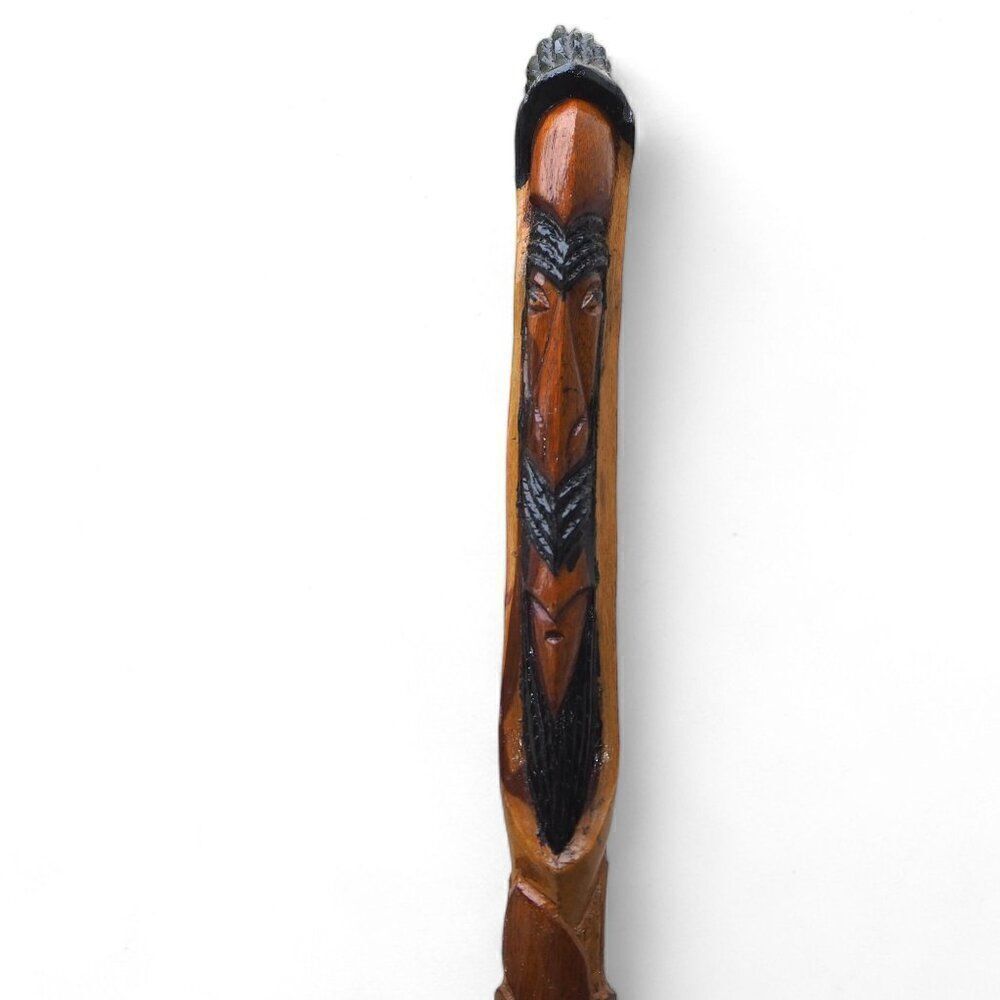 Antique Vintage Hand Carved‎ African Mask Floral Wooden Walking Stick / Cane